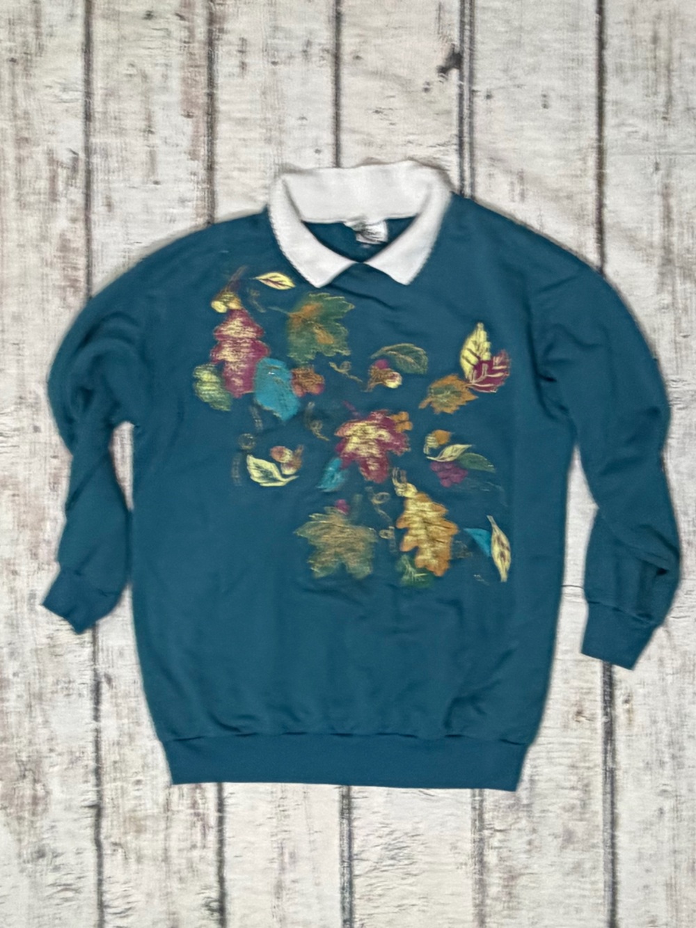 Vintage 1980s Fall Foliage Autumn 80s Green Pullover Jumper Sweatshirt